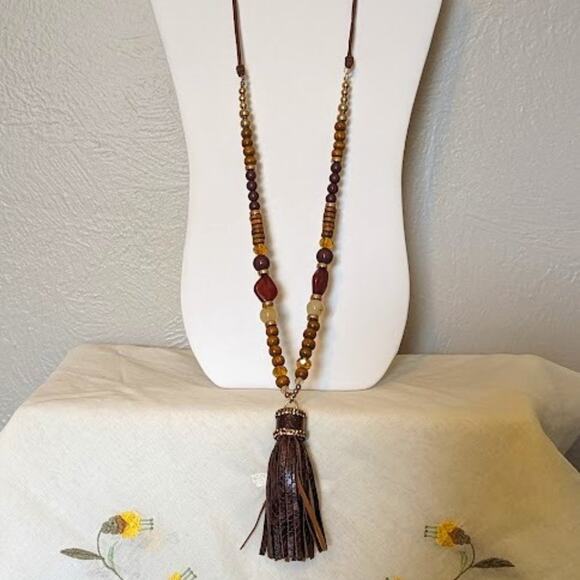 1948 Long Leather Tassel Necklace with Leather, Crystal, and Wood Beads. - Picture 1 of 11